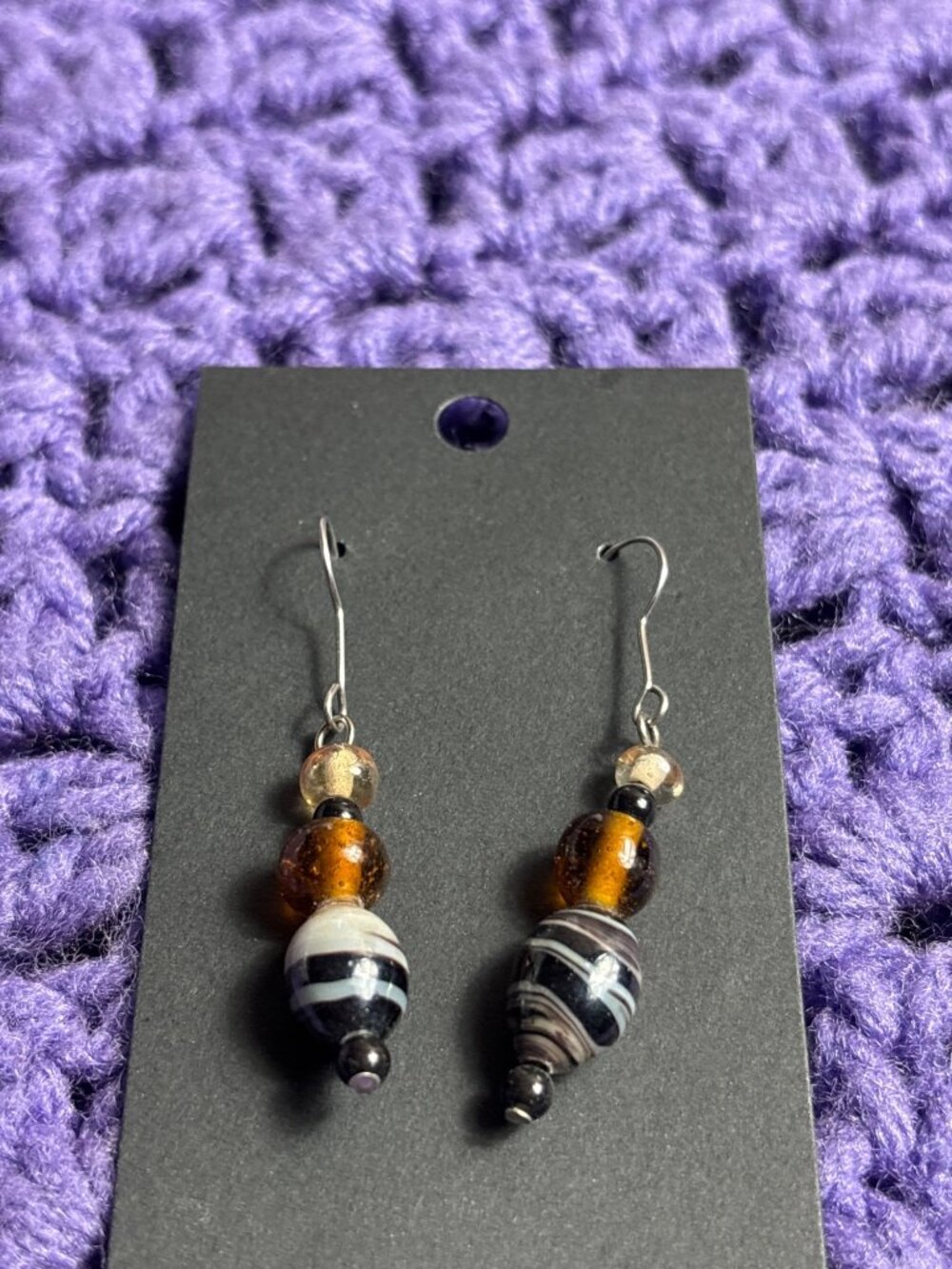 Art Glass Beaded Dangle Earrings Black White Brown Silvertone Hooks 1.5 inches